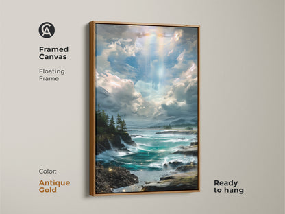 Framed canvas displaying a captivating rocky coastline artwork. This piece features teal ocean waters and an impressionistic cloudy sky. It enhances decor and brings coastal charm.