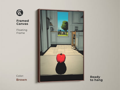 A framed canvas featuring an apple in a kitchen. The floating frame has a brown finish. This canvas artwork is ready to hang. The warm tones of the frame enhance the artwork.