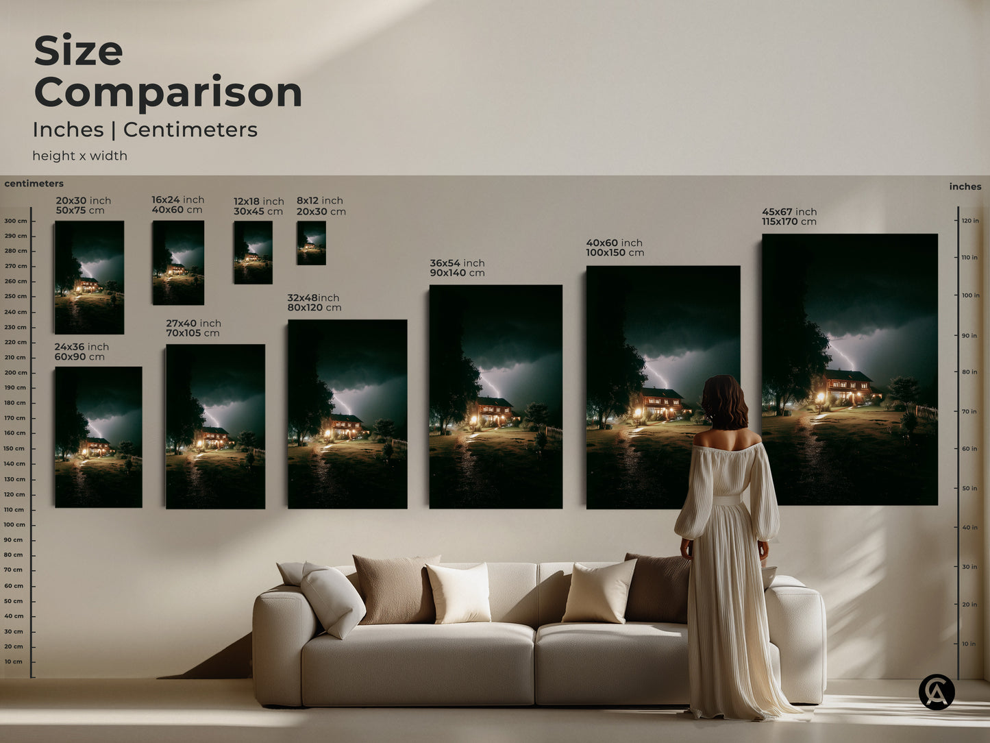 Size comparison of the lightning strike house artwork. See various canvas and poster sizes in inches and centimeters. This dark blue landscape canvas makes a statement in any room. Choose the perfect size to complement your modern home decor lightning.