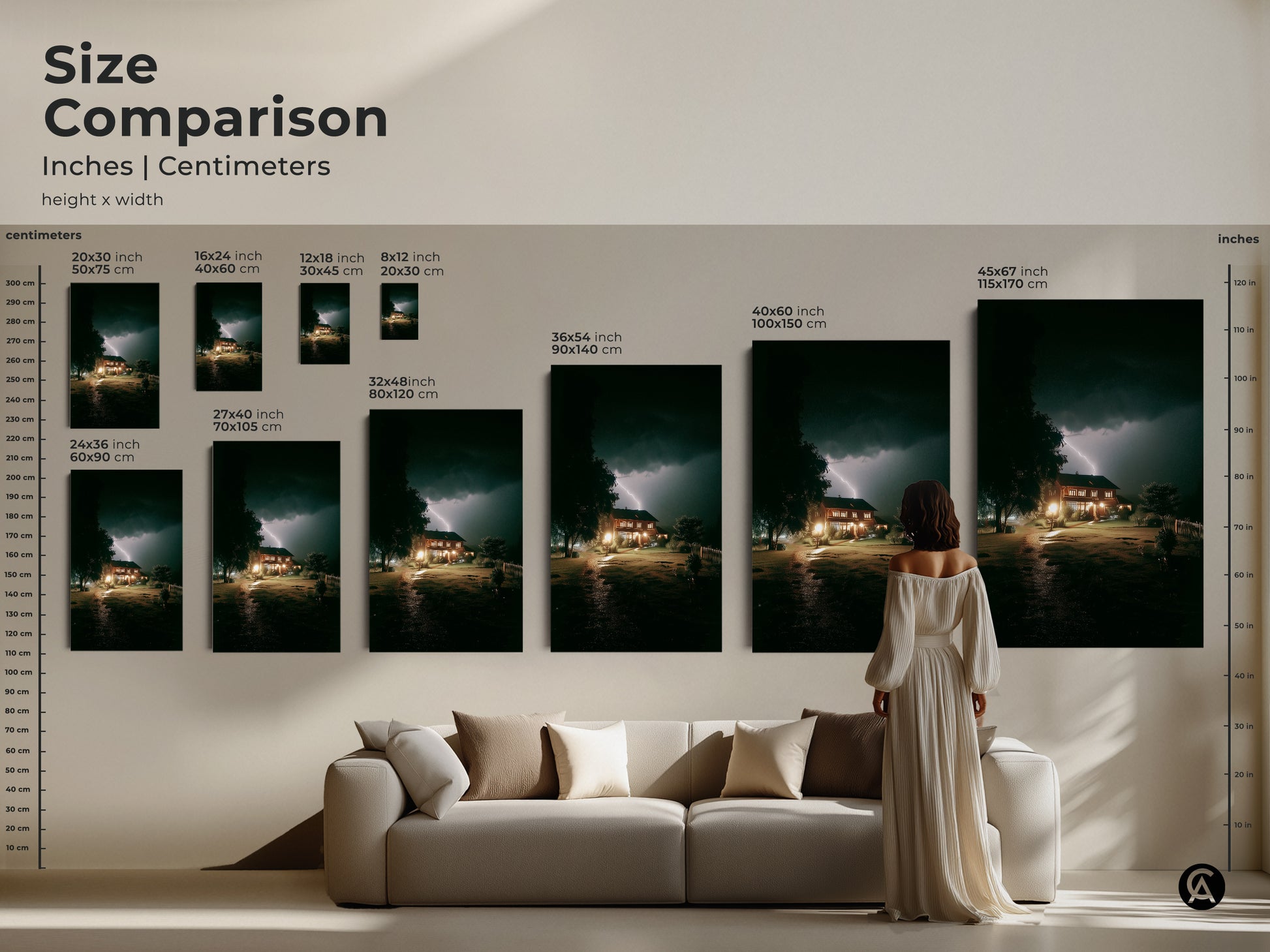 Size comparison of the lightning strike house artwork. See various canvas and poster sizes in inches and centimeters. This dark blue landscape canvas makes a statement in any room. Choose the perfect size to complement your modern home decor lightning.