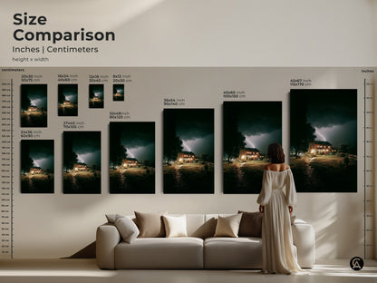 Size comparison of the lightning strike house artwork. See various canvas and poster sizes in inches and centimeters. This dark blue landscape canvas makes a statement in any room. Choose the perfect size to complement your modern home decor lightning.