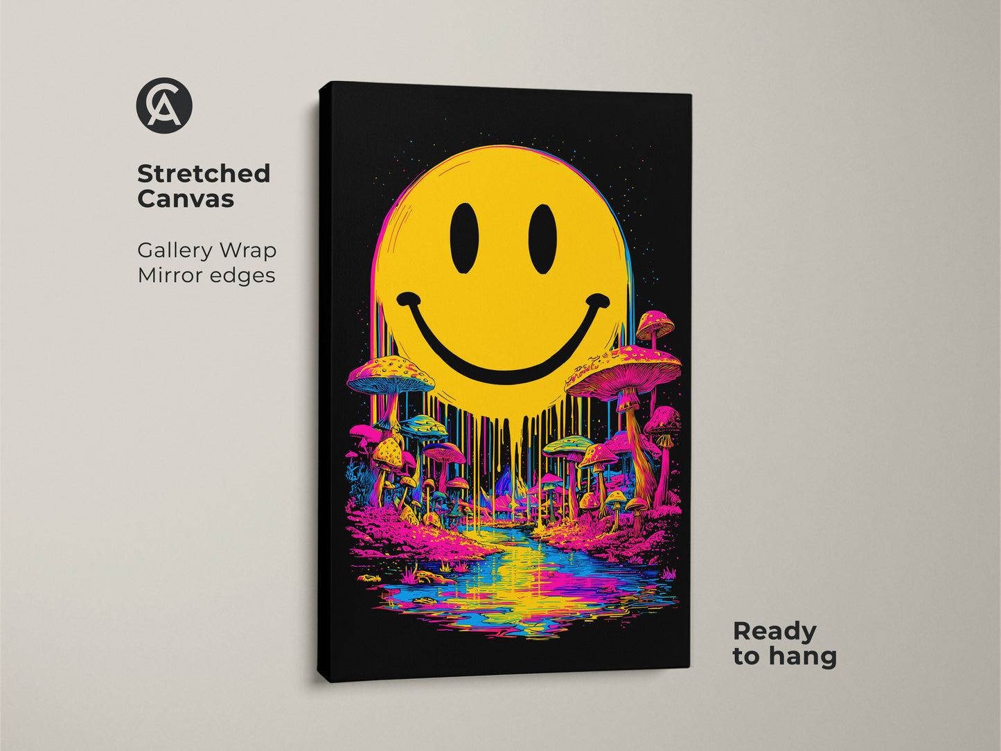 Stretched canvas gallery wrap of smiley face art. The artwork shows a bright yellow smiley face overlooking a psychedelic landscape with mushrooms and a river. The mirror edges enhance the depth of the image. The canvas is ready to hang and brings a unique style to your living space