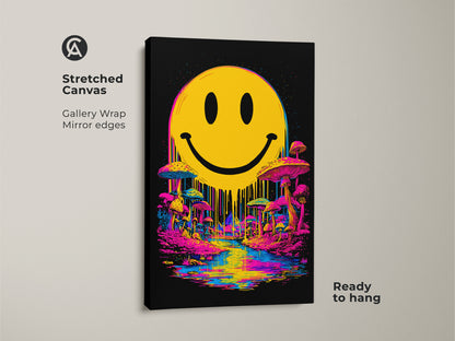 Stretched canvas gallery wrap of smiley face art. The artwork shows a bright yellow smiley face overlooking a psychedelic landscape with mushrooms and a river. The mirror edges enhance the depth of the image. The canvas is ready to hang and brings a unique style to your living space