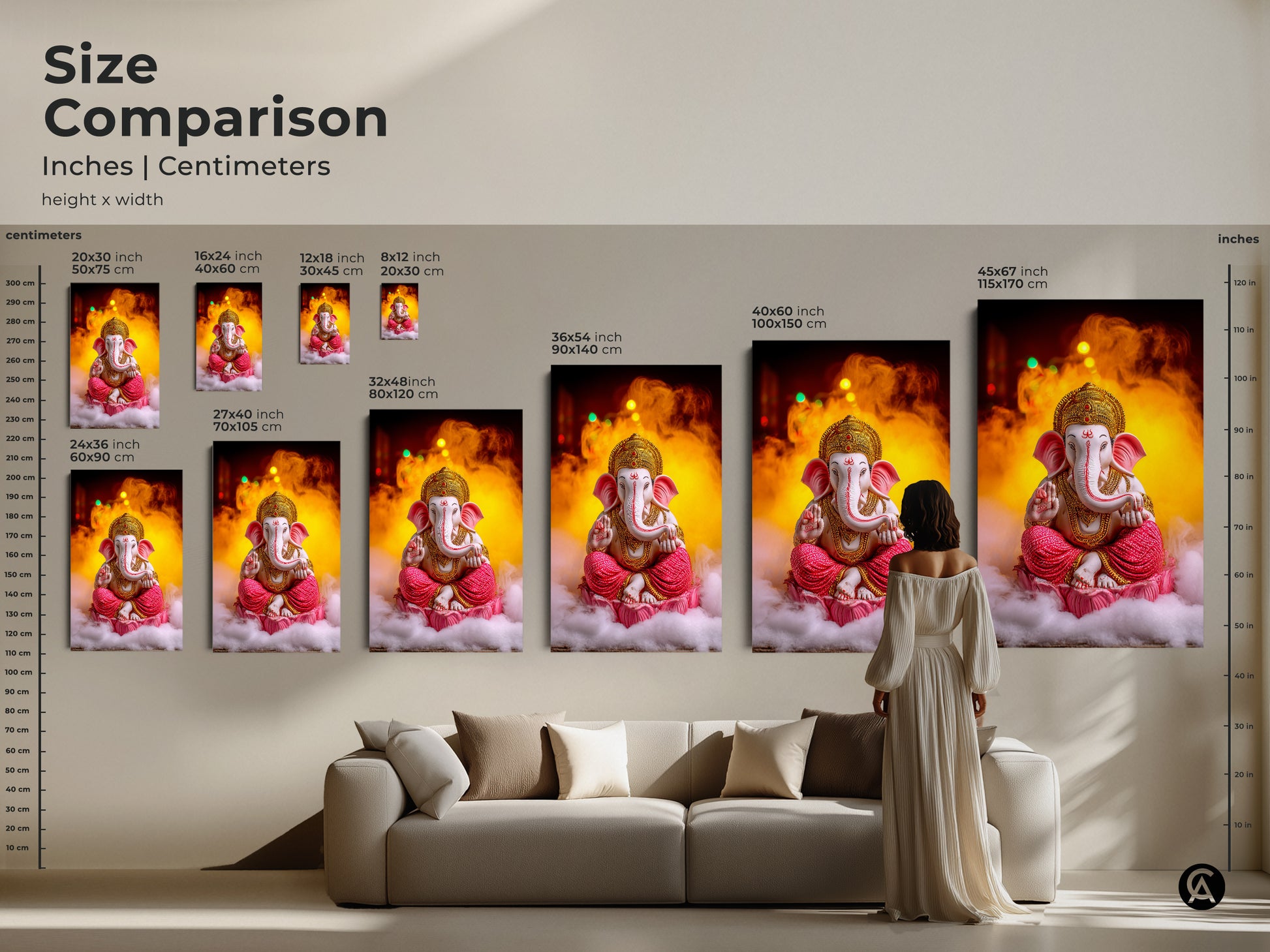 Size comparison of Pink Gold Ganesha artwork in inches and centimeters. See how the spiritual lotus art fits above a sofa. This Hindu mythology canvas is perfect for any living room. The eclectic wall art enhances your home decor. Visualize the Ganesha print in your space.