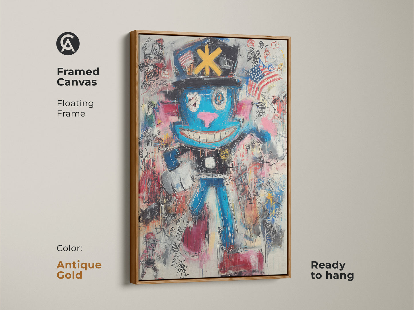 Framed Canvas in White featuring graffiti character art. The blue abstract canvas is ready to hang. This street art wall decor is perfect as entryway art print. This vibrant character print is a unique piece of expressionist wall art.