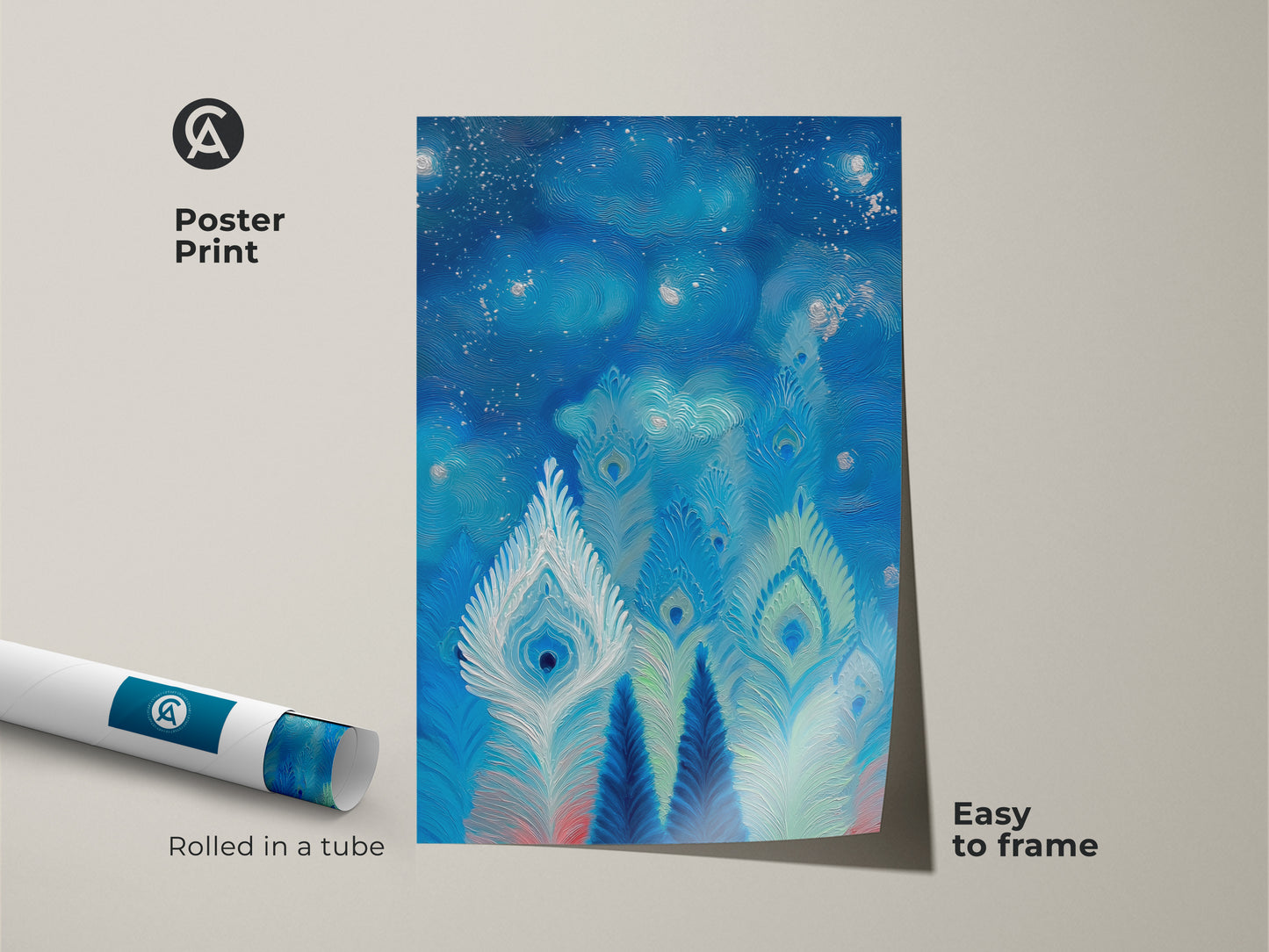 A poster print features an abstract interpretation of peacock feathers in a deep blue and teal palette. The artwork has a textured impressionistic style. It arrives rolled in a tube and is easy to frame. This art is a great gift for home dwellers.