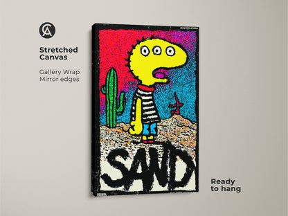 Stretched canvas art with gallery wrap showcasing a quirky three-eyed character near a cactus. This unique artwork spells out SAND and has mirror edges. Ready to hang and adds artistic flair to home interiors. Explore canvas prints for sale.
