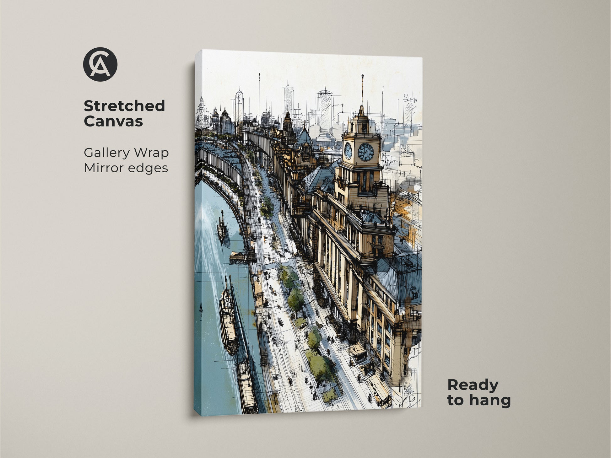 Stretched canvas art showcases a cityscape sketch with a riverfront and clock tower. This contemporary tan and blue artwork brings an urban feel to any room. Ready to hang with gallery-wrapped edges this travel-themed piece enhances office or home decor. A perfect housewarming gift.