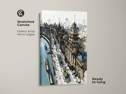 Stretched canvas art showcases a cityscape sketch with a riverfront and clock tower. This contemporary tan and blue artwork brings an urban feel to any room. Ready to hang with gallery-wrapped edges this travel-themed piece enhances office or home decor. A perfect housewarming gift.