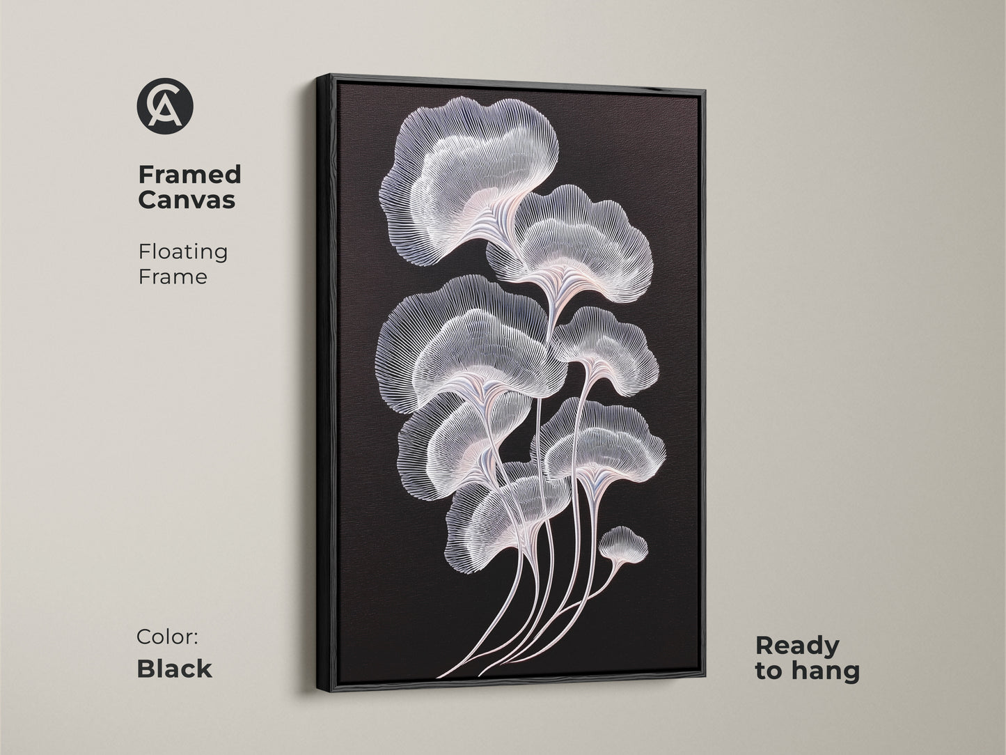 Framed canvas showcasing minimalist botanical art. The black frame complements the abstract ginkgo leaves. The delicate white and pink lines stand out beautifully. Ready to hang for easy wall decor. Perfect for contemporary spaces.