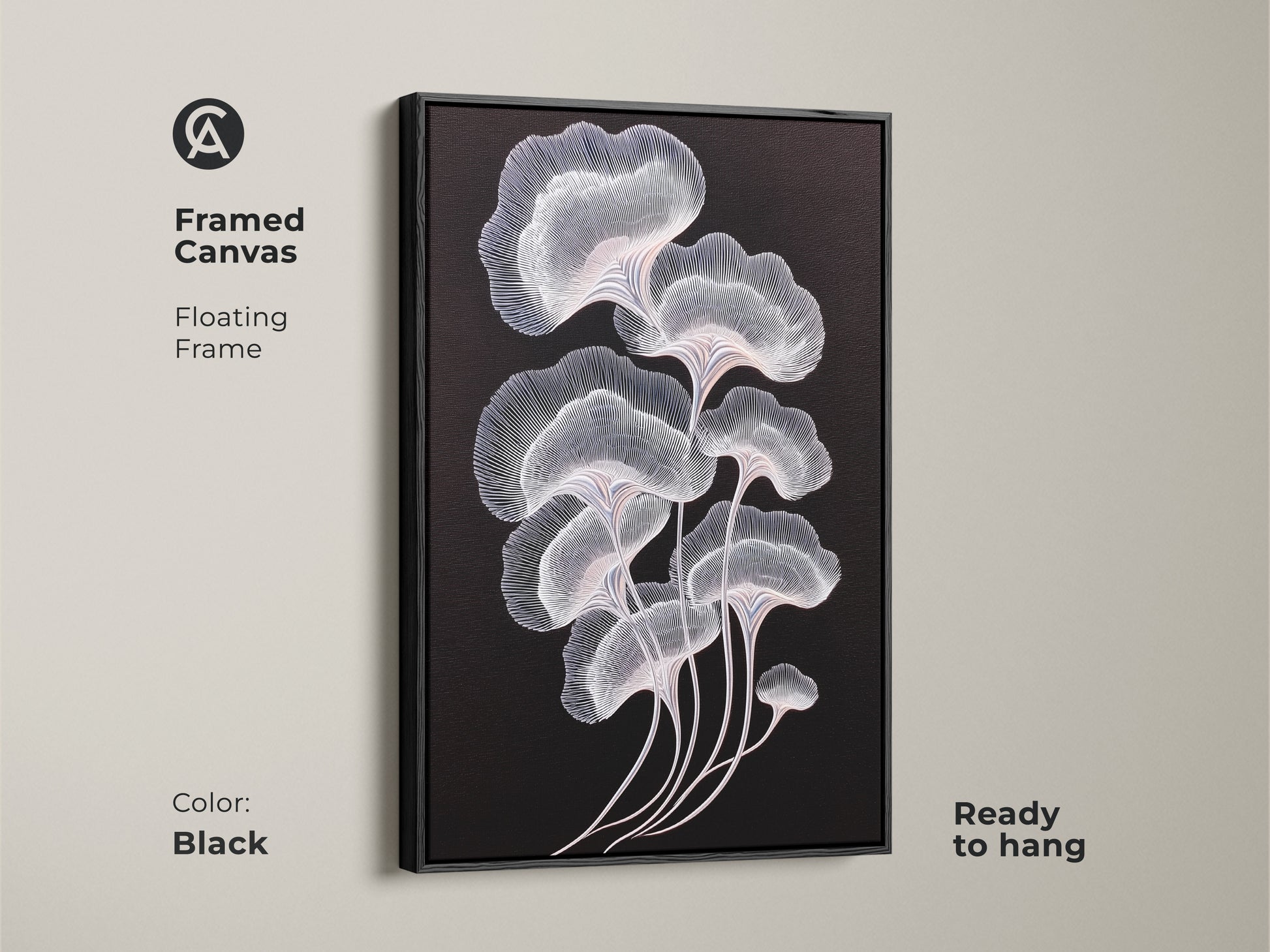 Framed canvas showcasing minimalist botanical art. The black frame complements the abstract ginkgo leaves. The delicate white and pink lines stand out beautifully. Ready to hang for easy wall decor. Perfect for contemporary spaces.