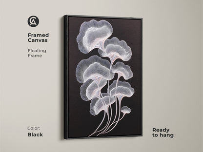 Framed canvas showcasing minimalist botanical art. The black frame complements the abstract ginkgo leaves. The delicate white and pink lines stand out beautifully. Ready to hang for easy wall decor. Perfect for contemporary spaces.
