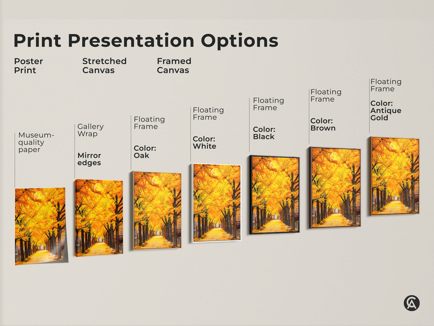 Explore Gingko Trees artwork presentation options. Choose from poster prints stretched canvas and framed canvas. Select floating frames in black brown antique gold or white. Find the perfect style to complement your decor. Shop Now!