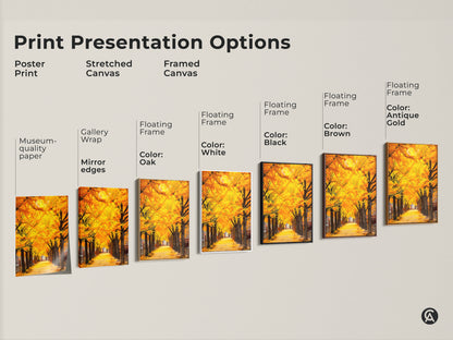 Explore Gingko Trees artwork presentation options. Choose from poster prints stretched canvas and framed canvas. Select floating frames in black brown antique gold or white. Find the perfect style to complement your decor. Shop Now!