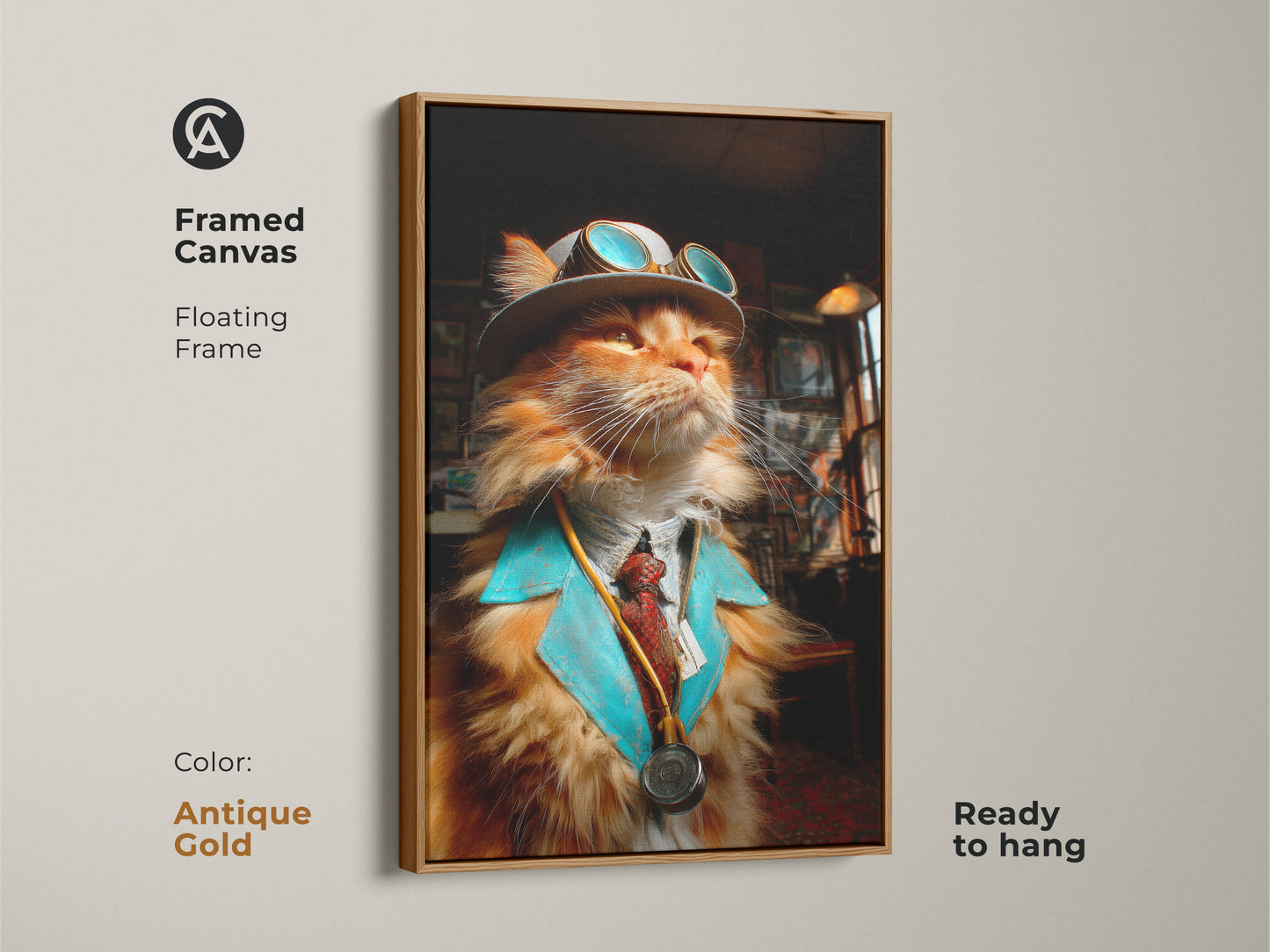 Framed canvas of a steampunk cat doctor. The artwork features a floating antique gold frame. This unique art piece is ready to hang. It offers a classic touch. This will enhance your home decor.