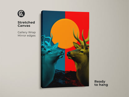 Stretched canvas gallery wrap showing Geometric Elk artwork. This abstract animal print features mirror edges and is ready to hang. The red blue and orange artwork is wildlife wall decor.