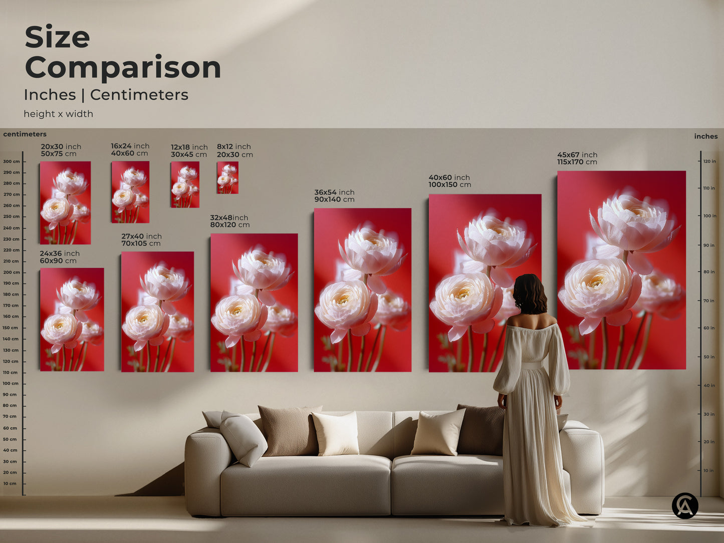 Size comparison showcasing various dimensions of soft focus flower prints on a living room wall. The white ranunculus art on canvas is available in multiple sizes. Find the perfect fit for your home. Transform your space with this botanical photography wall art today.
