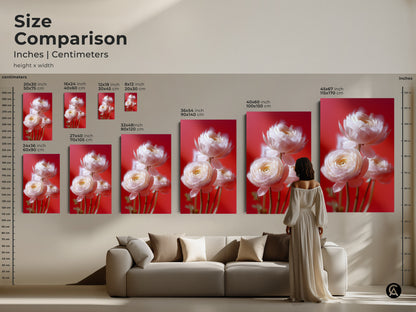 Size comparison showcasing various dimensions of soft focus flower prints on a living room wall. The white ranunculus art on canvas is available in multiple sizes. Find the perfect fit for your home. Transform your space with this botanical photography wall art today.
