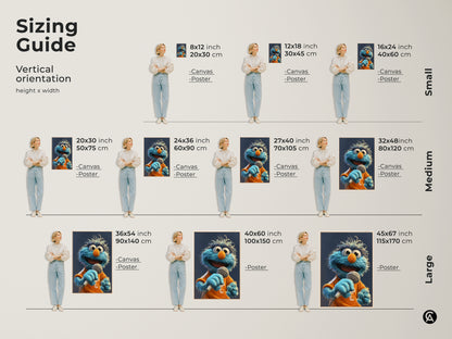 Sizing guide showing the vertical orientation of the blue monster art print. Available in various sizes for canvas and poster prints ideal for kids room decor.