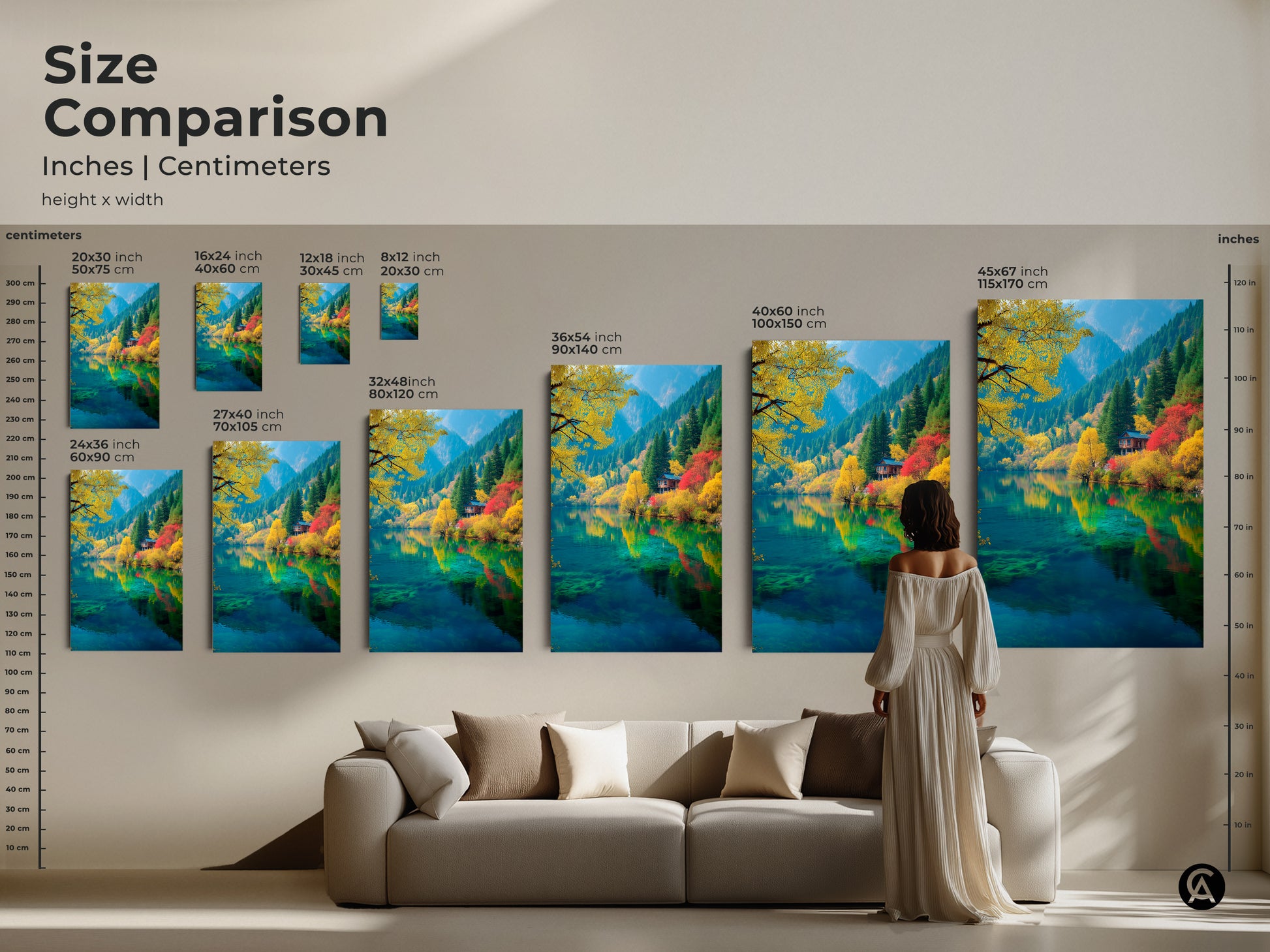 Size comparison of lake artwork in a living room setting. See how various canvas and poster sizes fit above a sofa. Perfect for visualizing how this art will enhance your home decor. Find the ideal size to bring this serene nature scene to life.