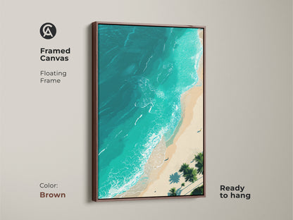Framed canvas art showcasing an aerial beach scene in a brown floating frame. The beautiful turquoise water is inviting. Palm trees line the sandy beach. This ready to hang artwork brings warmth to your living space. A timeless piece.
