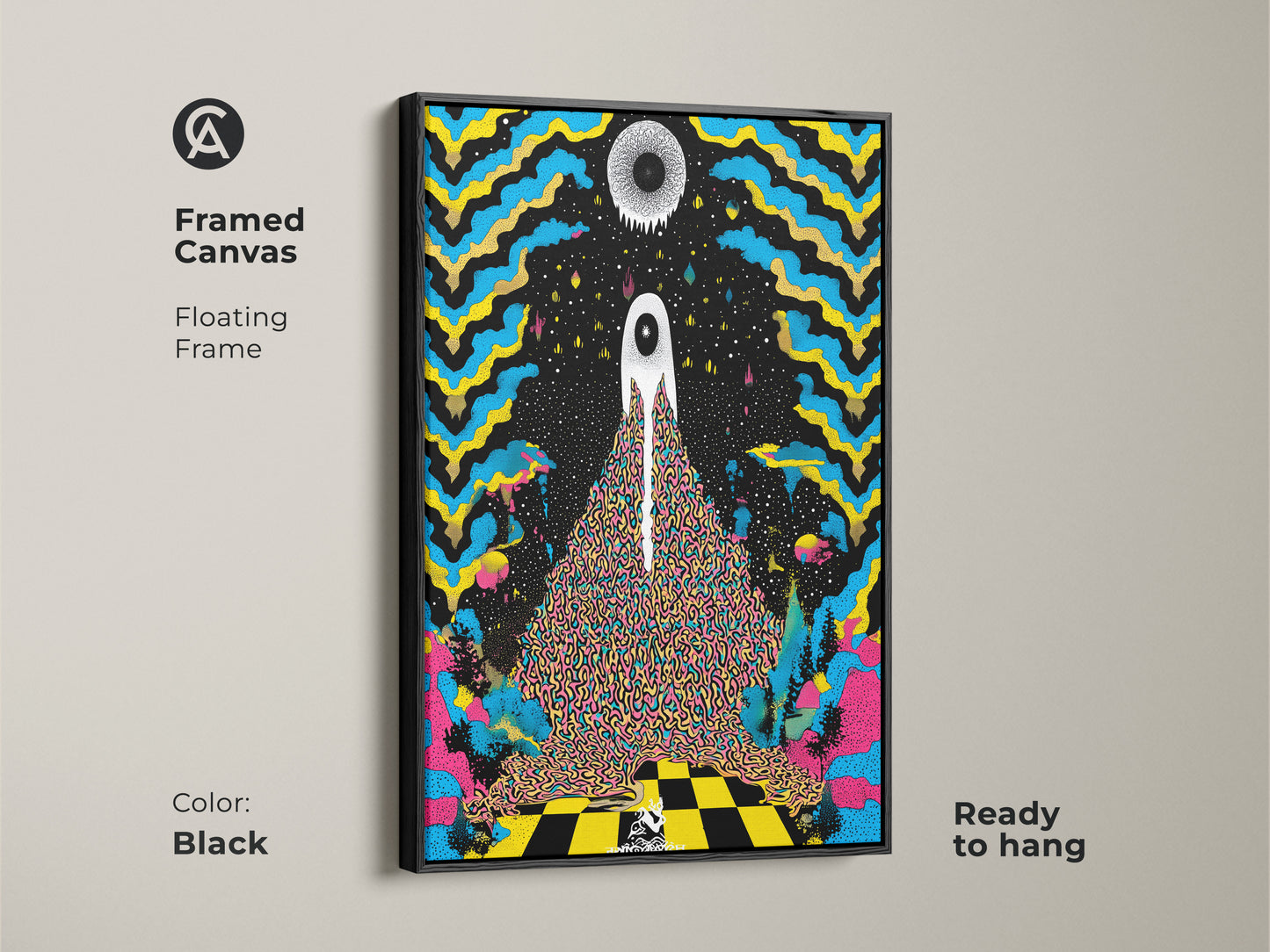 Black framed canvas displays psychedelic eye wall art. This surreal abstract canvas print is ready to hang. The trippy blue yellow artwork is eclectic black home decor. This modern surreal art is a graphic poster.
