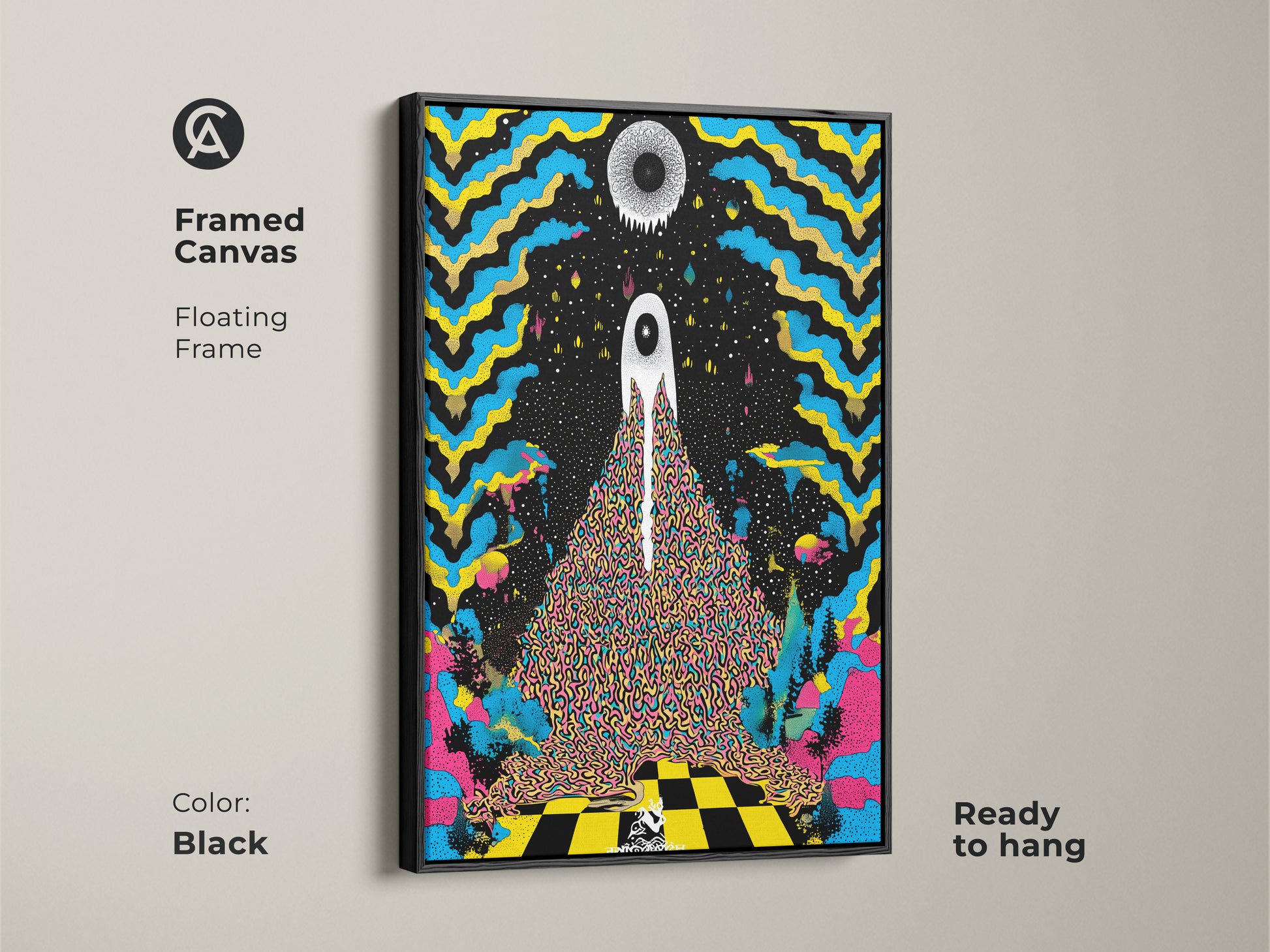 Black framed canvas displays psychedelic eye wall art. This surreal abstract canvas print is ready to hang. The trippy blue yellow artwork is eclectic black home decor. This modern surreal art is a graphic poster.