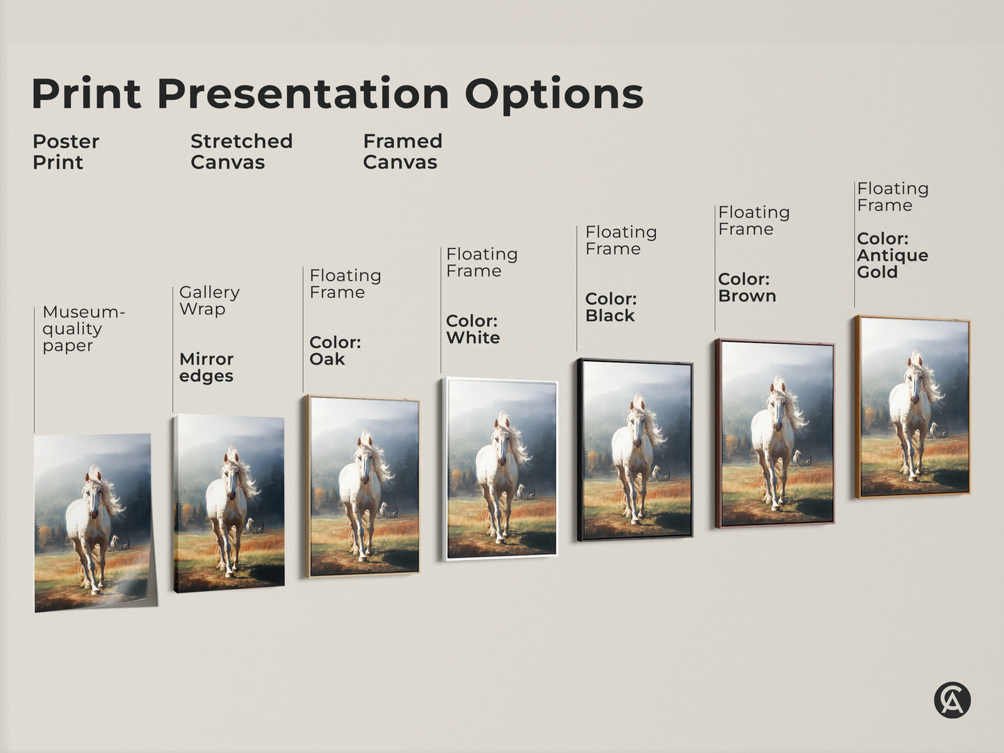 Various print options for white horse artwork. Choose from poster print or stretched canvas. Options include framed canvas in black brown antique gold oak and white. Find the perfect rustic artwork.