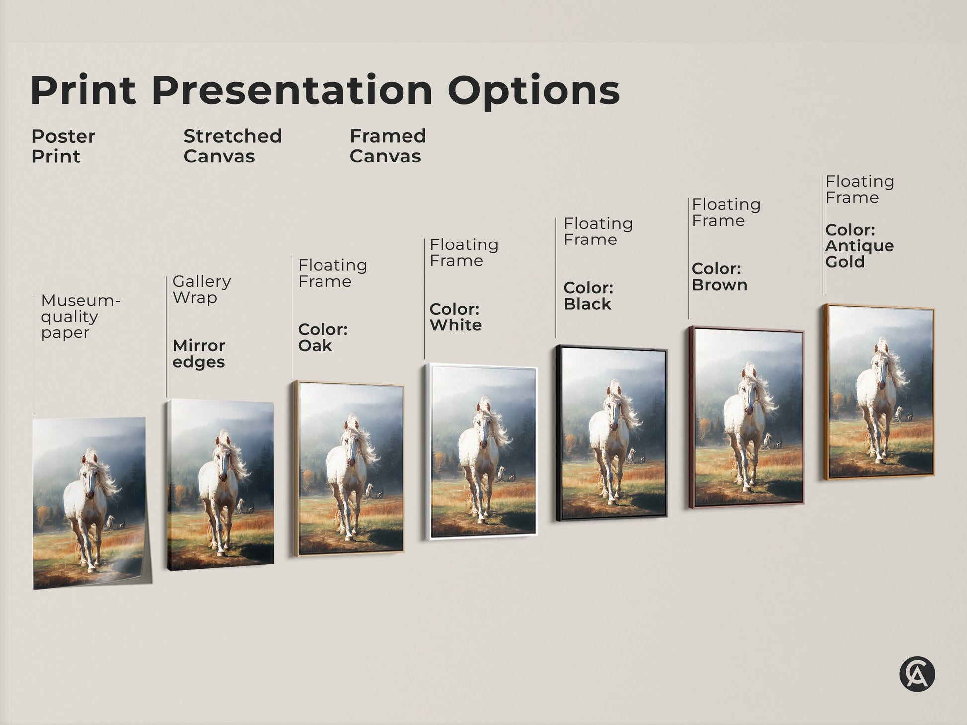 Various print options for white horse artwork. Choose from poster print or stretched canvas. Options include framed canvas in black brown antique gold oak and white. Find the perfect rustic artwork.