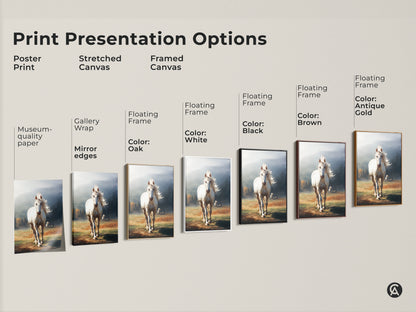 Various print options for white horse artwork. Choose from poster print or stretched canvas. Options include framed canvas in black brown antique gold oak and white. Find the perfect rustic artwork.