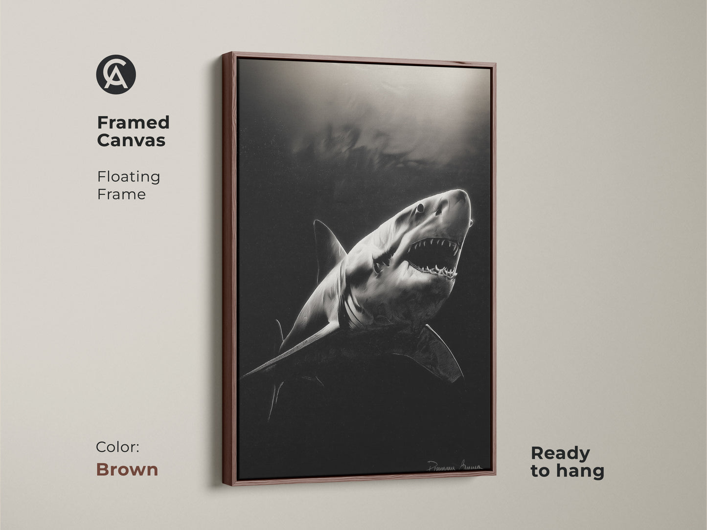Framed canvas featuring a monochrome Great White Shark artwork is displayed. The floating frame with a brown finish enhances this wildlife print. This powerful animal art is ready to hang. The contemporary animal art is ideal for ocean lovers.