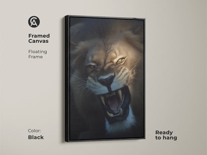 Framed canvas featuring roaring lion artwork with a black floating frame. The photorealistic lion art captures its power and beauty. This wildlife animal canvas is ready to hang and complements modern decor. It's a statement piece for any room.
