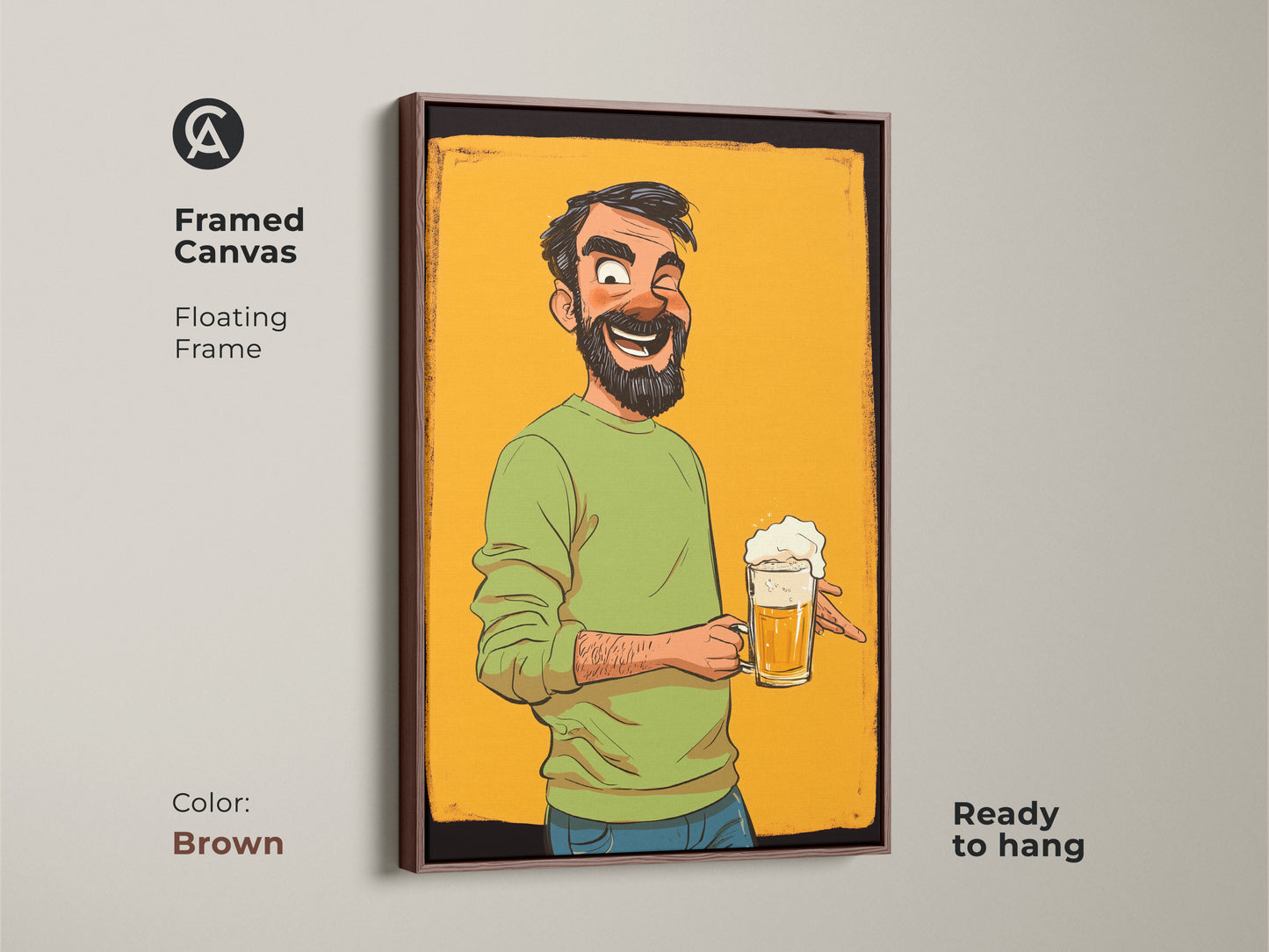 Framed Canvas displays a beer mug cartoon man art in brown floating frame. A funny gift for beer lovers. It makes an eclectic wall art for a man cave or bar decor. The art is ready to hang.