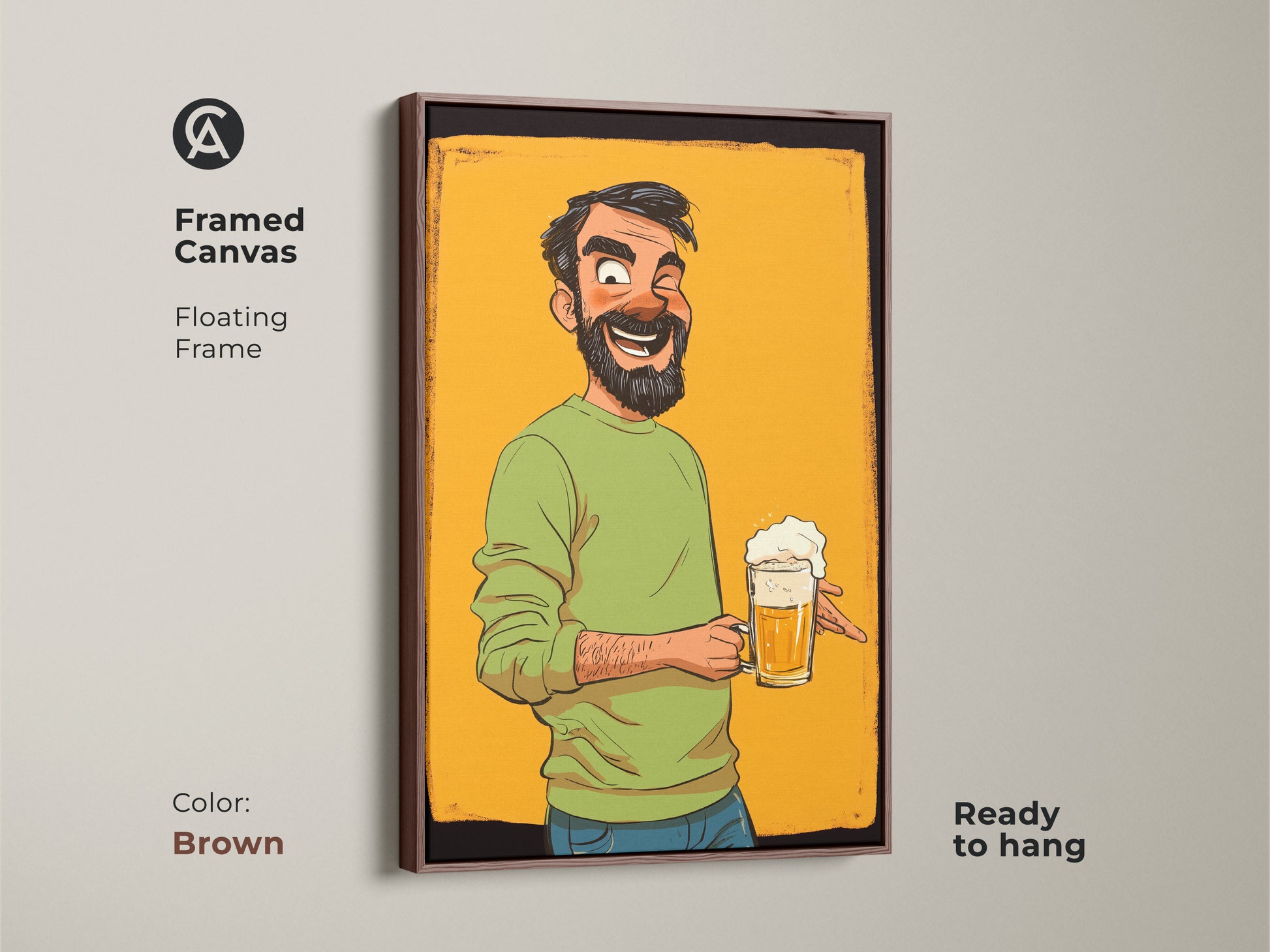 Framed Canvas displays a beer mug cartoon man art in brown floating frame. A funny gift for beer lovers. It makes an eclectic wall art for a man cave or bar decor. The art is ready to hang.