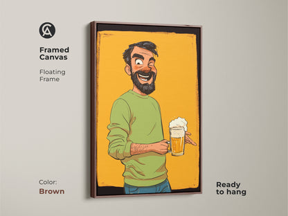 Framed Canvas displays a beer mug cartoon man art in brown floating frame. A funny gift for beer lovers. It makes an eclectic wall art for a man cave or bar decor. The art is ready to hang.