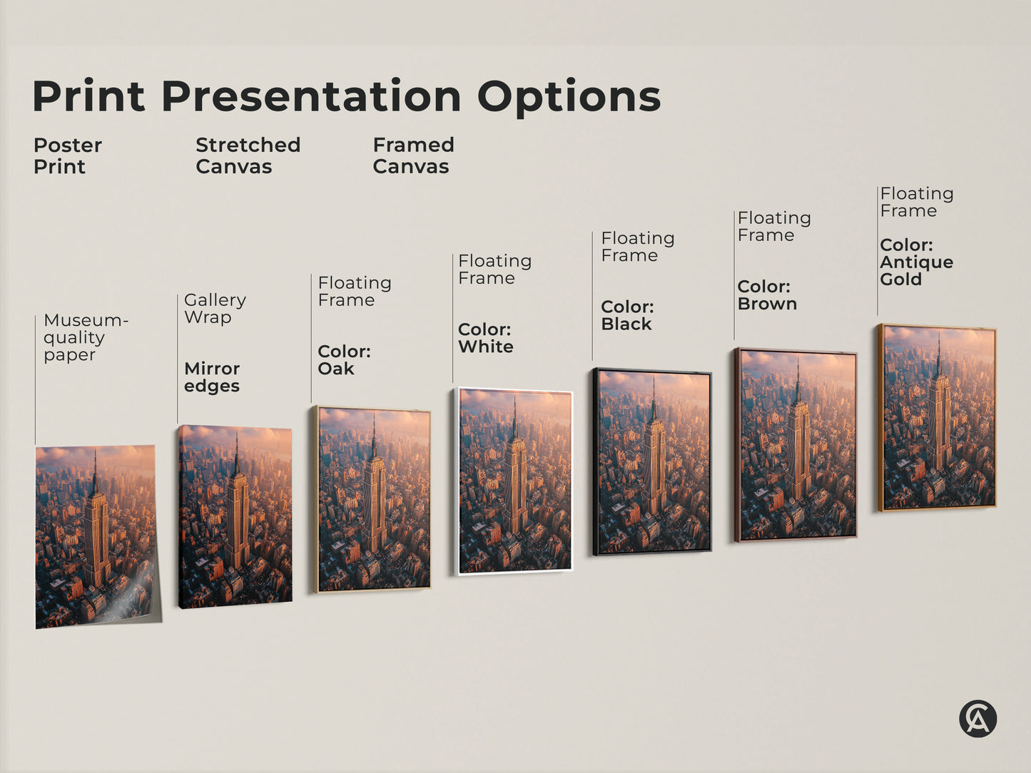 Explore print presentation options for Empire State Building art. Choose from poster stretched or framed canvas. Frame colors include white black brown oak and antique gold. Museum-quality paper ensures lasting beauty.