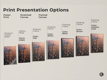 Explore print presentation options for Empire State Building art. Choose from poster stretched or framed canvas. Frame colors include white black brown oak and antique gold. Museum-quality paper ensures lasting beauty.