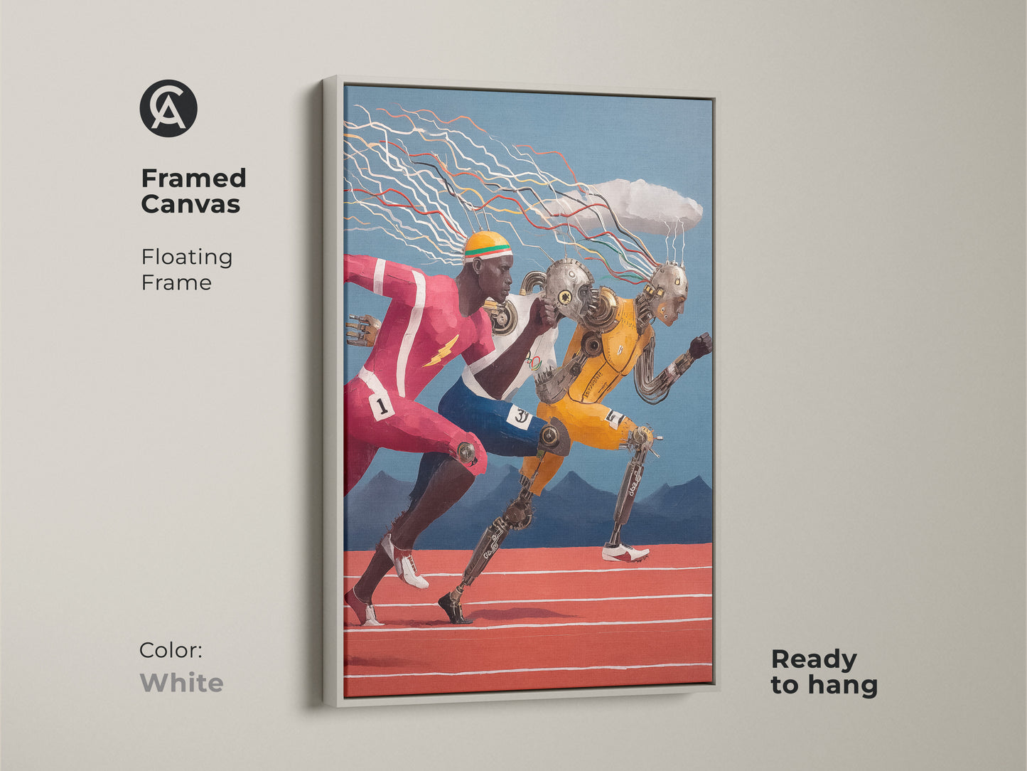 Explore print presentation options for futuristic runner art. Choose from poster stretched or framed canvas. Options include gallery wrap and floating frames for your sports tech wall decor.