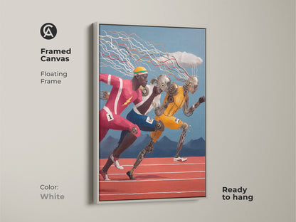 Explore print presentation options for futuristic runner art. Choose from poster stretched or framed canvas. Options include gallery wrap and floating frames for your sports tech wall decor.