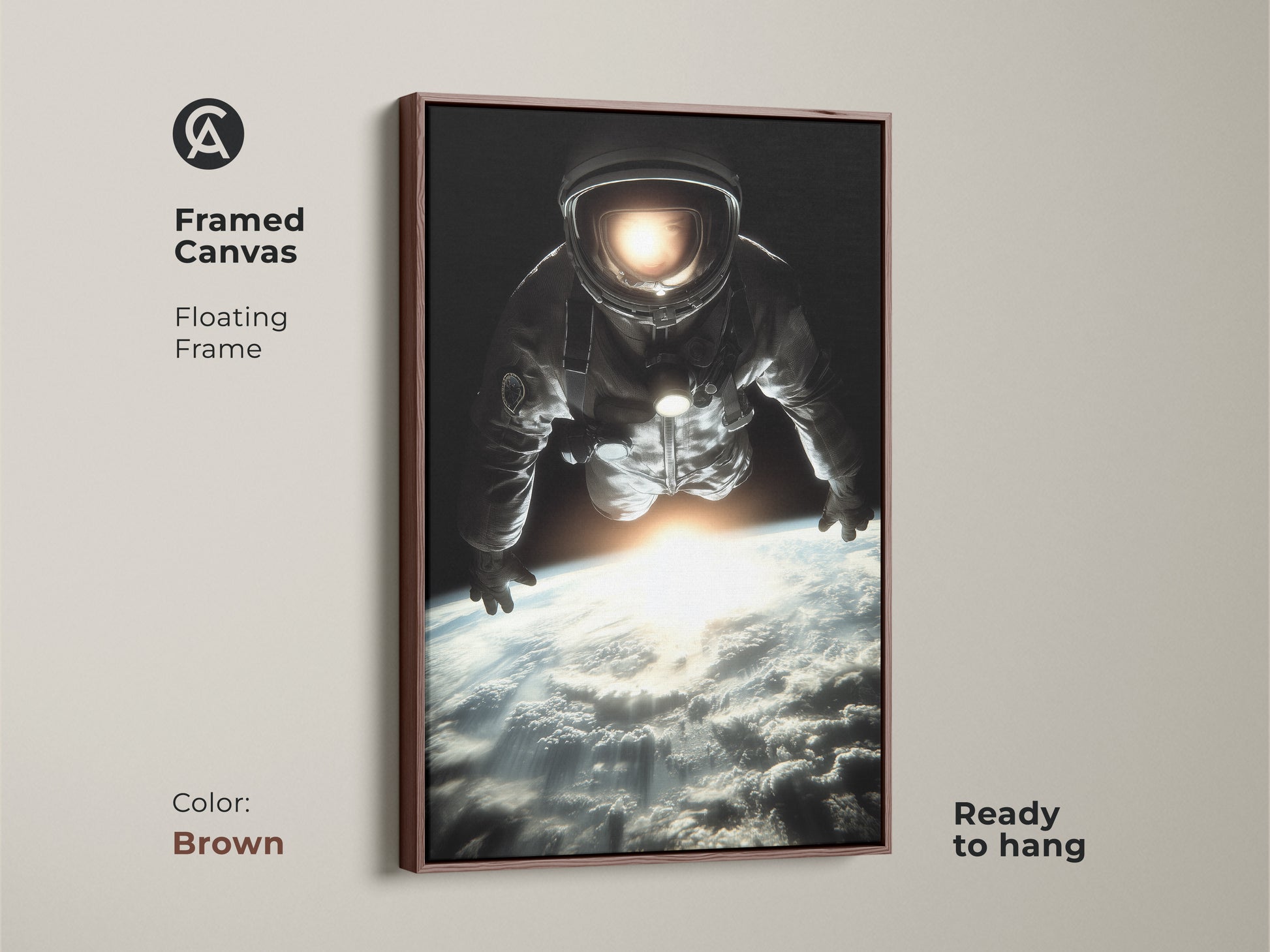 Framed canvas with a brown floating frame showcasing an astronaut art print. This space exploration artwork features a cinematic view of Earth. Ready to hang. This photorealistic art piece adds a modern touch to any space. The black blue and white palette is perfect for contemporary decor.