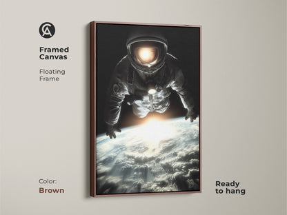 Framed canvas with a brown floating frame showcasing an astronaut art print. This space exploration artwork features a cinematic view of Earth. Ready to hang. This photorealistic art piece adds a modern touch to any space. The black blue and white palette is perfect for contemporary decor.