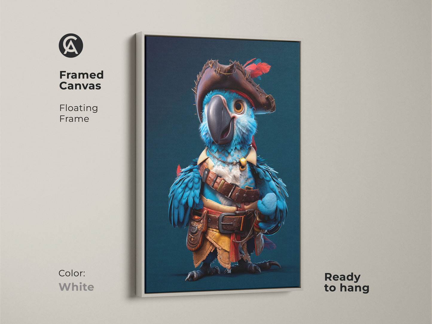 Framed cartoon pirate parrot canvas with a floating white frame. This fun animal artwork is a whimsical parrot painting. A unique wall hanging for a children's bedroom art.
