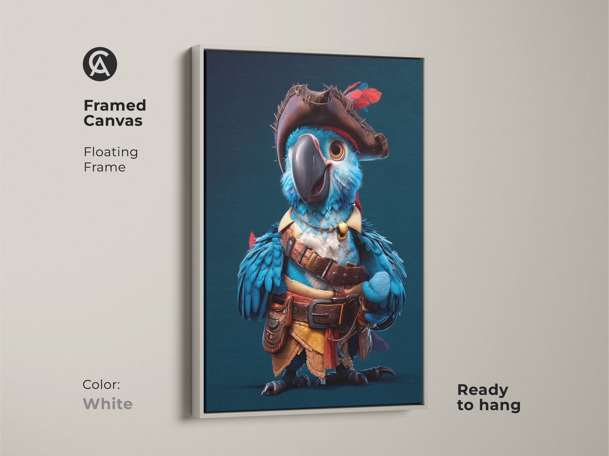 Framed cartoon pirate parrot canvas with a floating white frame. This fun animal artwork is a whimsical parrot painting. A unique wall hanging for a children's bedroom art.