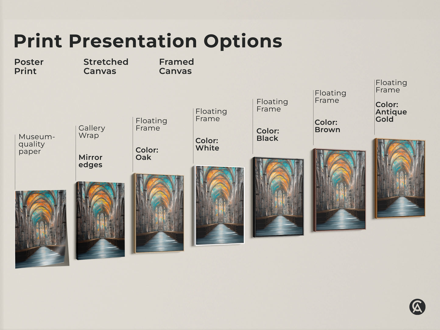 Explore print presentation options with this Gothic cathedral artwork. Choose from poster prints stretched canvas or framed canvas art. Each features museum-quality paper gallery wrap and floating frames. The stunning orange blue and teal stained glass art suits any style.