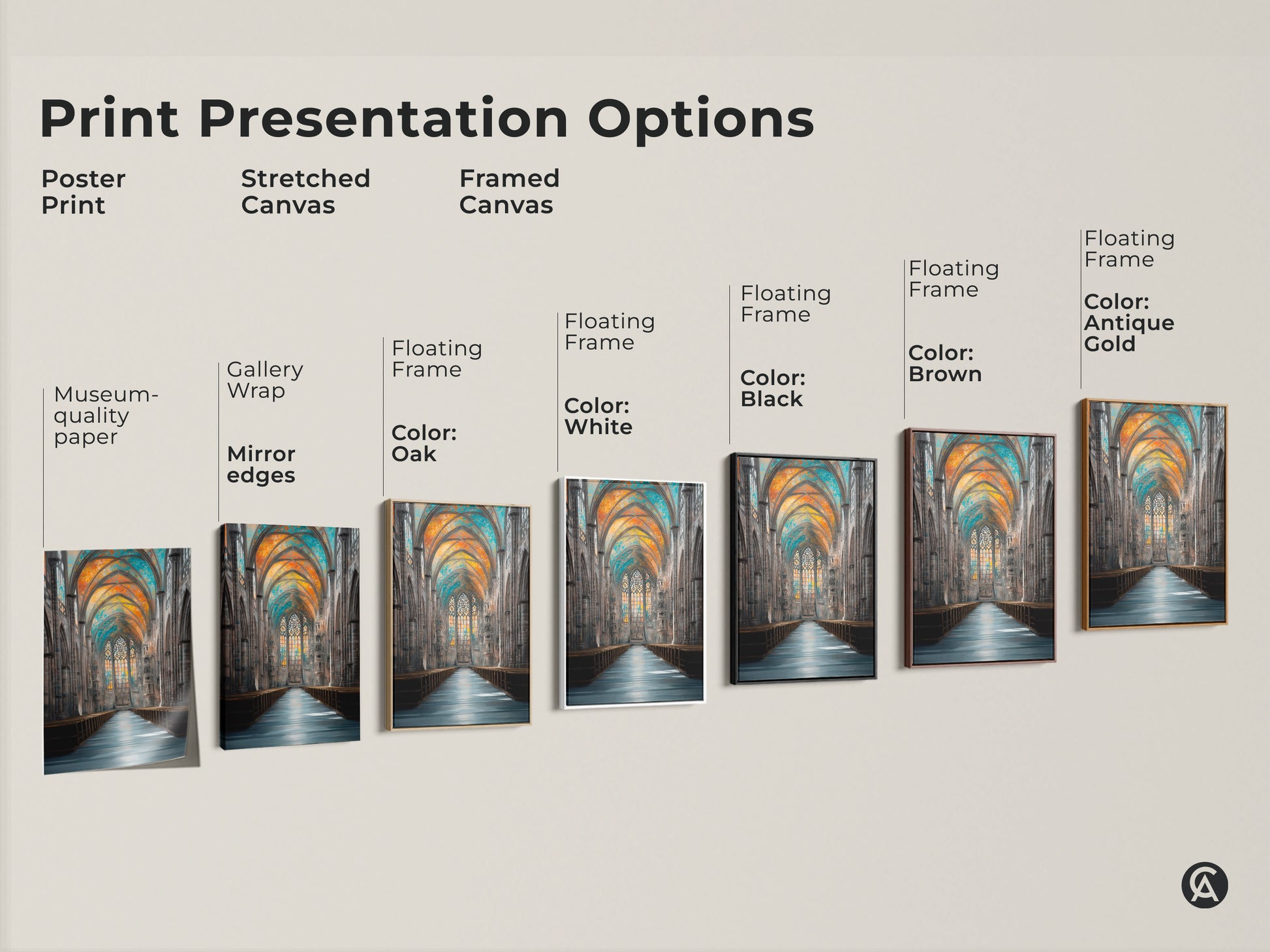 Explore print presentation options with this Gothic cathedral artwork. Choose from poster prints stretched canvas or framed canvas art. Each features museum-quality paper gallery wrap and floating frames. The stunning orange blue and teal stained glass art suits any style.