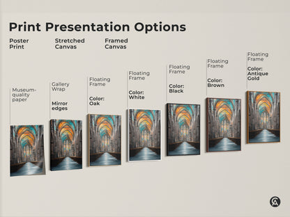 Explore print presentation options with this Gothic cathedral artwork. Choose from poster prints stretched canvas or framed canvas art. Each features museum-quality paper gallery wrap and floating frames. The stunning orange blue and teal stained glass art suits any style.