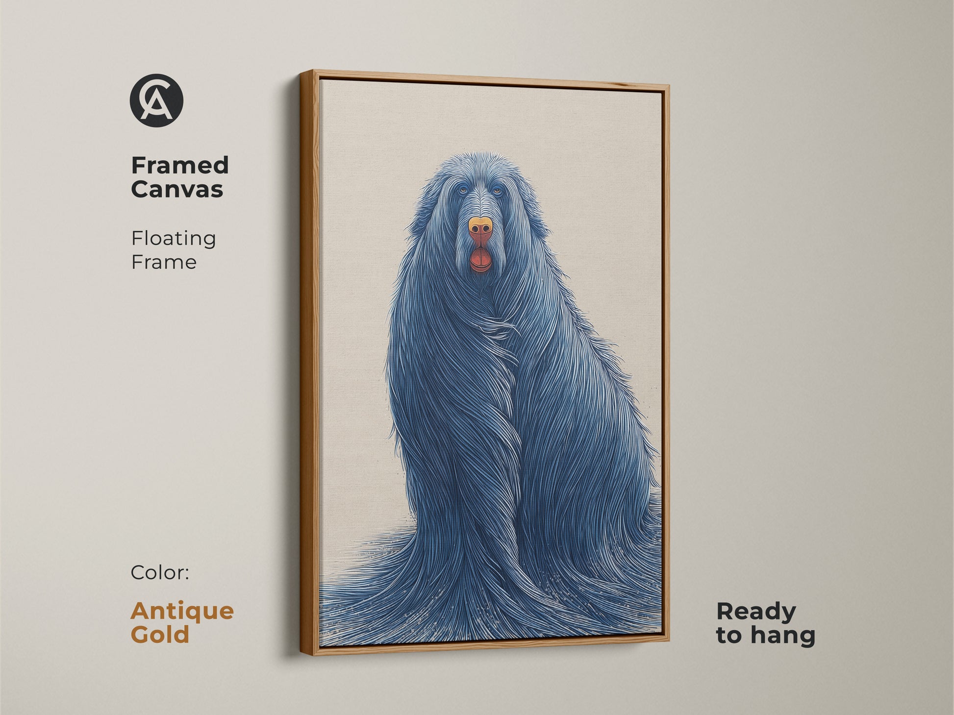 Antique gold framed canvas displays surreal blue dog artwork. This ready to hang illustrative animal art adds sophistication. A unique animal artwork for dog moms and dads.