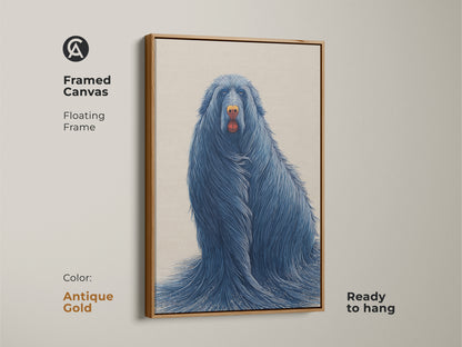 Antique gold framed canvas displays surreal blue dog artwork. This ready to hang illustrative animal art adds sophistication. A unique animal artwork for dog moms and dads.