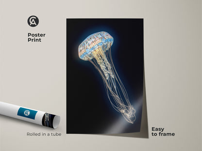 Museum-quality poster print of a Contemporary Jellyfish. This abstract ocean life artwork features intricate aqua and white details. Easy to frame and a great gift for marine life enthusiasts. Rolled in a protective tube.