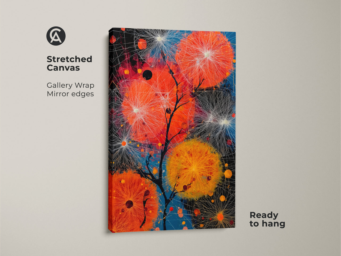 Stretched canvas of orange & blue dandelion abstract art. Gallery wrapped with mirror edges this contemporary print is ready to hang. Modern home decor art featuring nature inspired floral elements. A perfect housewarming gift for plant lovers.